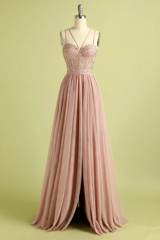 OKBBN elegant sleeveless slit thin shoulder strap evening gown