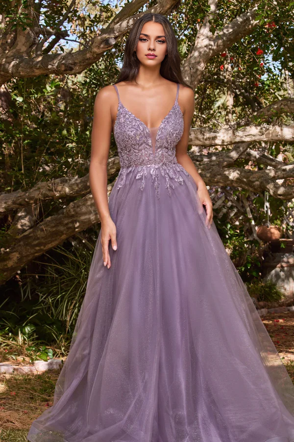 OKBBN Elegant A-line V-neck slim shoulder strap sleeveless applique ball dress