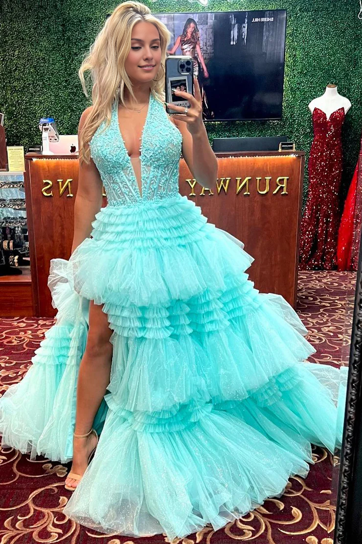 OKBBN spaghetti strap ruffle layered long ball gown
