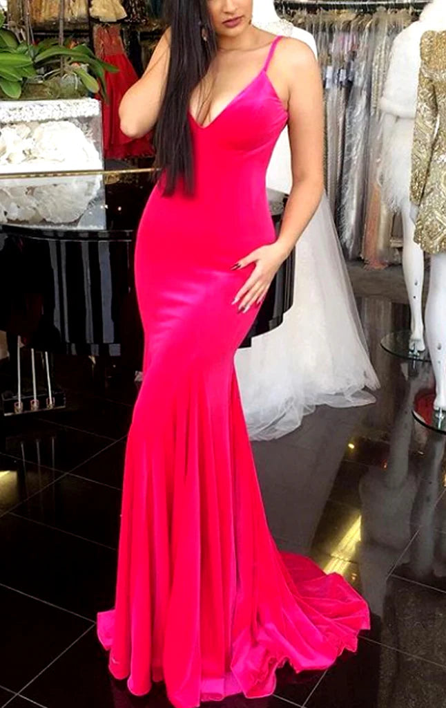 OKBBN Mermaid V-neck Velvet Long Formal Ball Dress