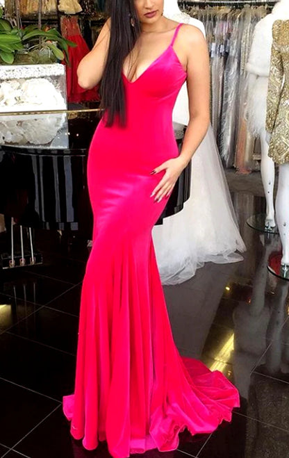 OKBBN Mermaid V-neck Velvet Long Formal Ball Dress