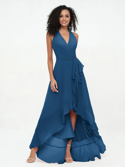OKBBN backless deep V-neck chiffon asymmetrical bridesmaid dress