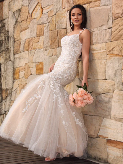 OKBBN Gorgeous Mermaid chiffon applique sleeveless thin shoulder strap and floor dance dress