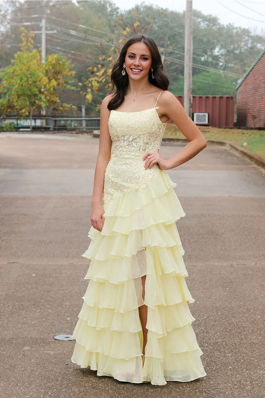 OKBBN Cute A-line Round Neck Layered Chiffon Long Split Ball Dress