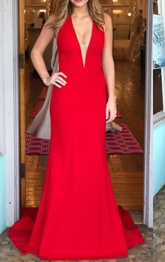 OKBBN Mermaid Strap V-neck Long Formal Ball Dress