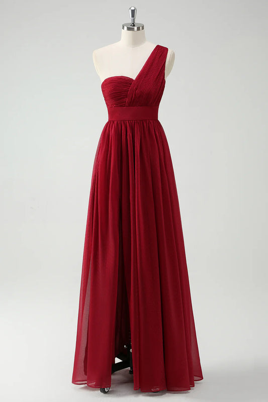 OKBBN Chiffon Single Shoulder Split Long Ball Dress
