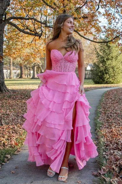 OKBBN A-line off shoulder sleeveless pleated applique chiffon layered and floor dance dress