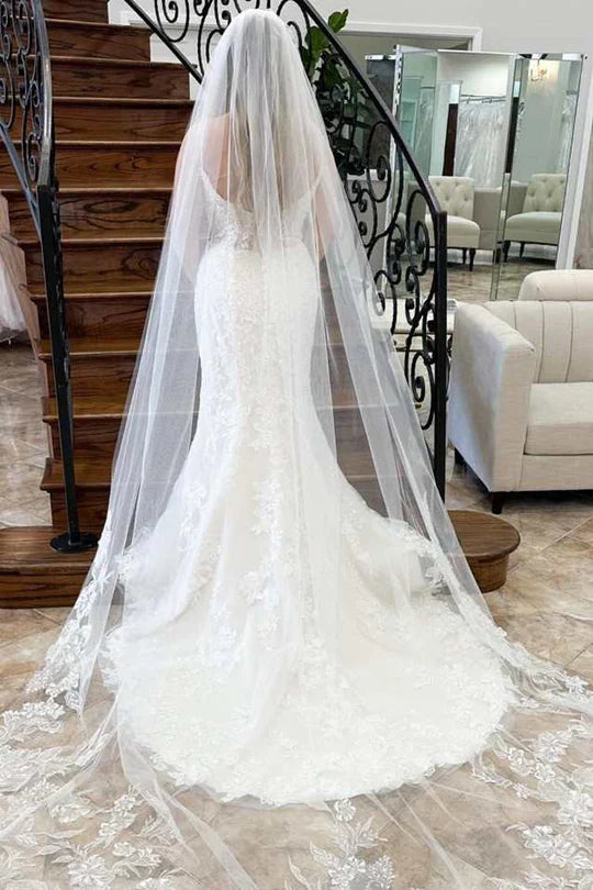 Floral Lace Plunge V Backless Mermaid Long Wedding Dress
