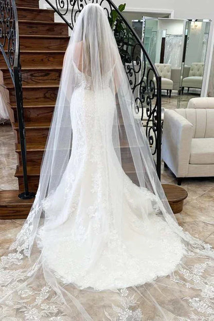 Floral Lace Plunge V Backless Mermaid Long Wedding Dress