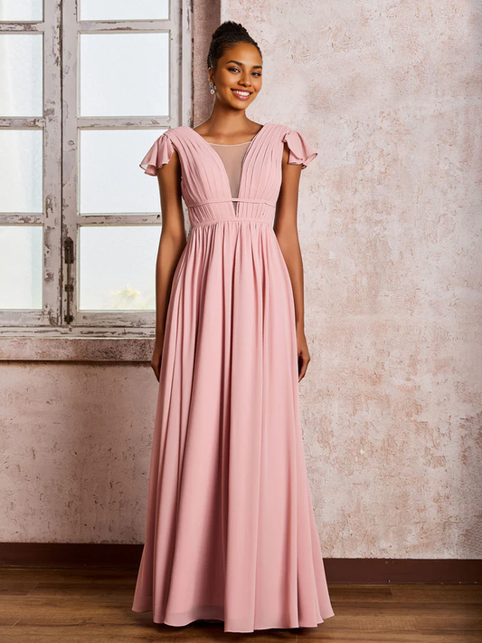 OKBBN deep V-neck pleated A-line bridesmaid dress with floating sleeves