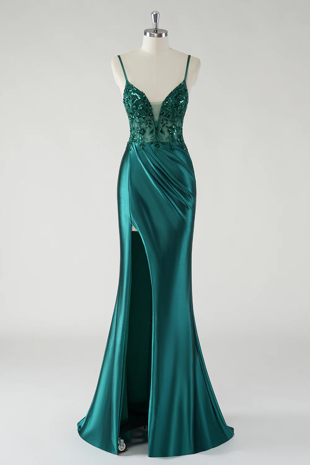 OKBBN Elegant Fine Strap Floral Satin Split Evening Dress