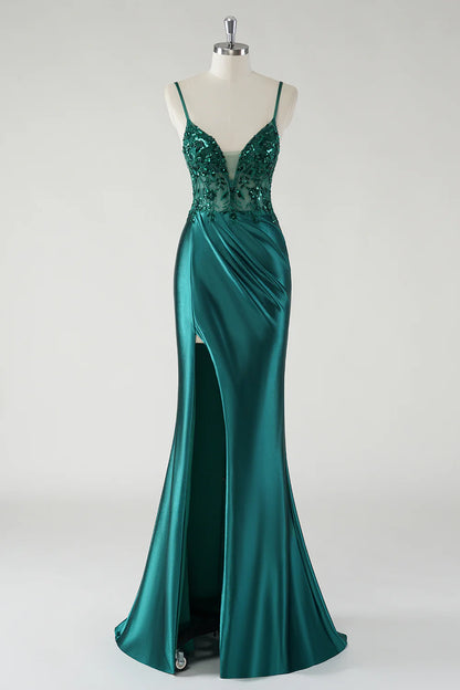 OKBBN Elegant Fine Strap Floral Satin Split Evening Dress