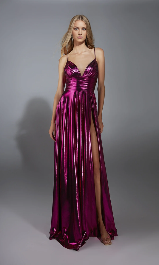 OKBBN deep V-shaped long pleated side slit ball gown