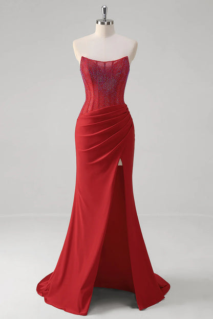 OKBBN Shining Mermaid Off Shoulder Tight corset with Beaded Ruffles, Long Split Ball Dress