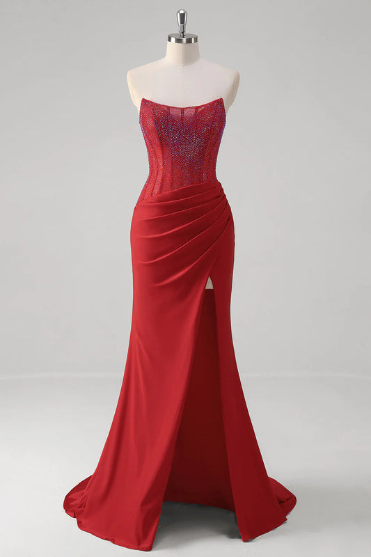 OKBBN Shining Mermaid Off Shoulder Tight corset with Beaded Ruffles, Long Split Ball Dress