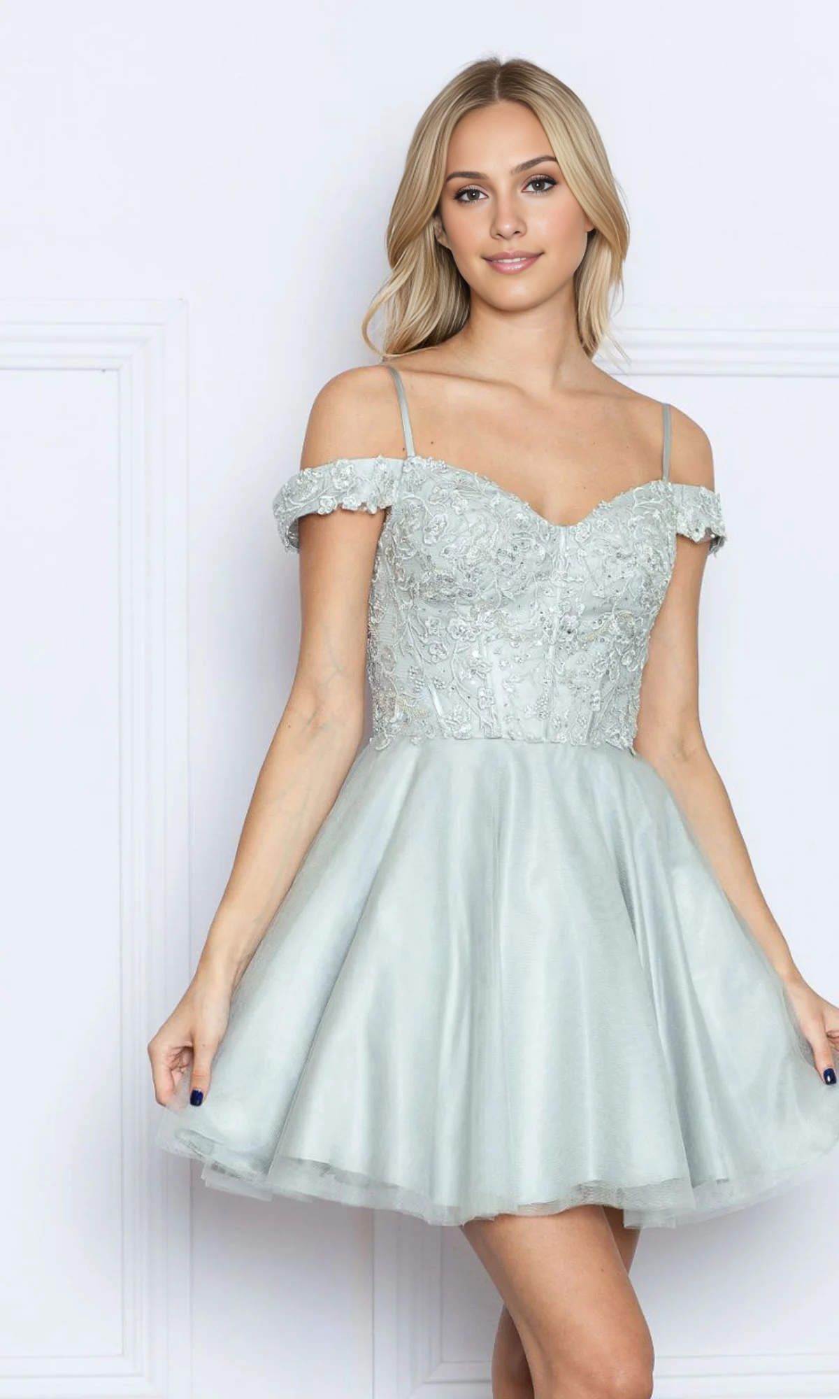OKBBN Off Shoulder Short Embroidered Off Shoulder Perspective Tight corset with Strap Design Cuffs Hanging Back to School Dress