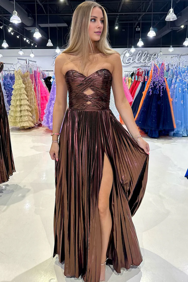 OKBBN charming A-line sweetheart satin long slit ball dress