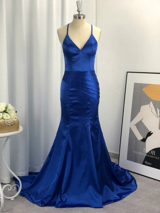 OKBBN tight V-neck sleeveless pleated elastic woven satin ball dress