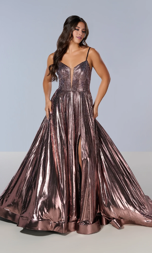 OKBBN's eye-catching shiny thin shoulder strap long ball gown