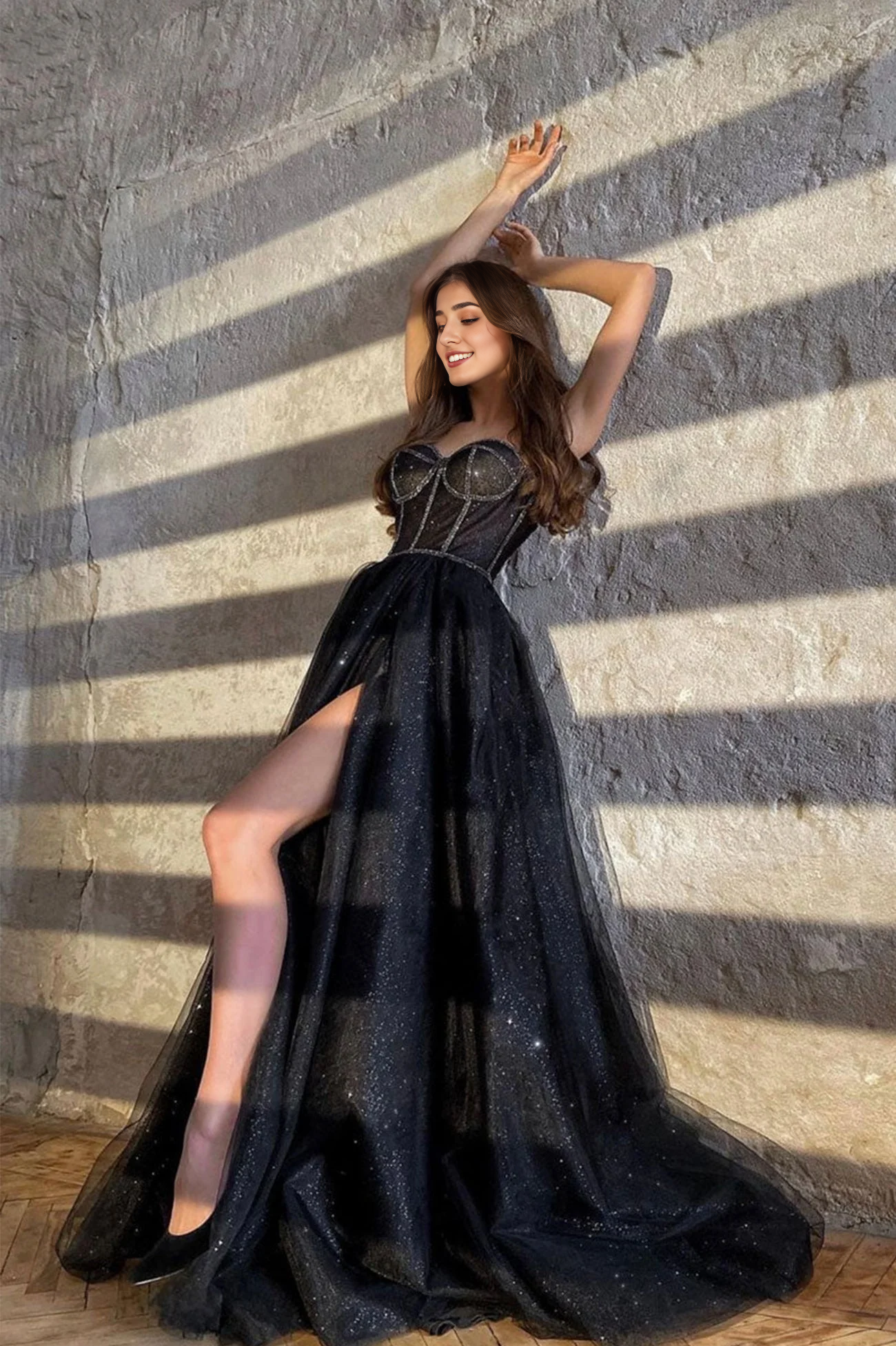 OKBBN shiny chiffon and floor slit dance dress