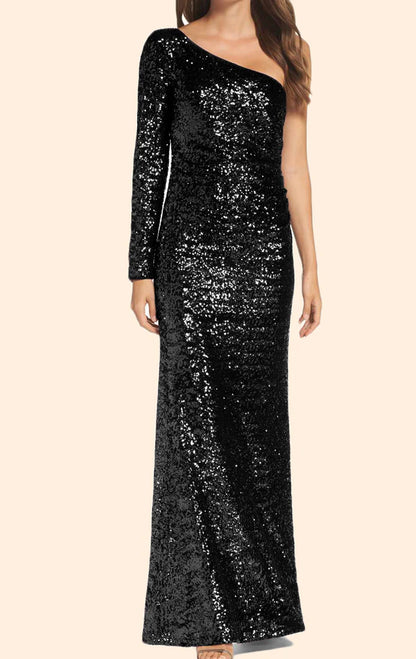 OKBBN One Shoulder Long Sleeve Glitter Formal Ball Dress