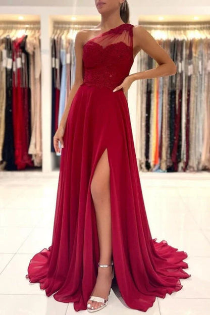 OKBBN One Shoulder and Floor Long Sleeveless Long Dress with Front Split Ball Dress