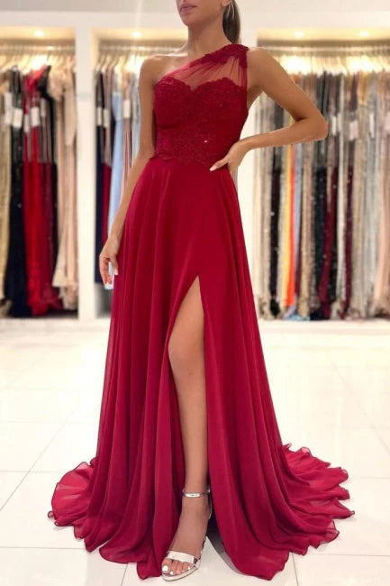 OKBBN One Shoulder and Floor Long Sleeveless Long Dress with Front Split Ball Dress