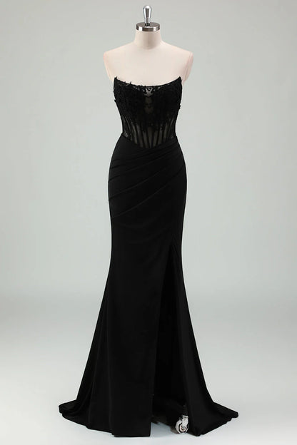 OKBBN mermaid tight corset, off shoulder pleated long slit evening gown