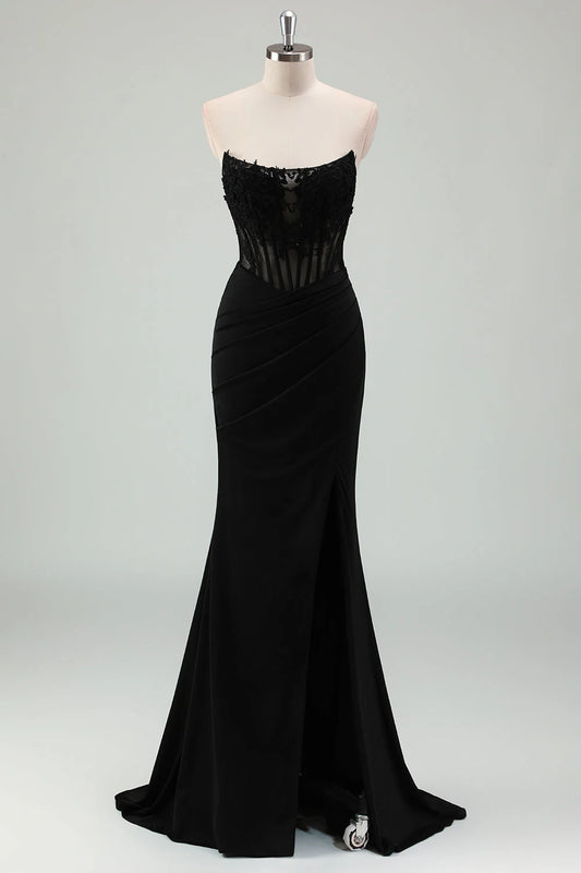 OKBBN mermaid tight corset, off shoulder pleated long slit evening gown