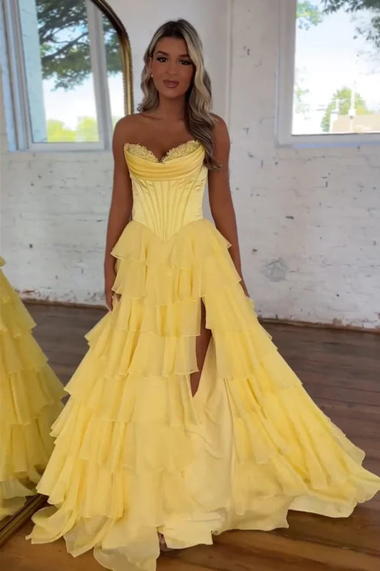 OKBBN Elegant A-line off shoulder sleeveless pleated chiffon layered dance dress with appliqu é