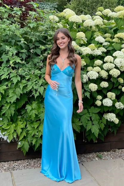 OKBBN A-line V-neck satin ball gown with bead embellishment