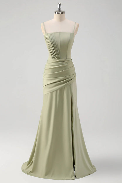 OKBBN mermaid slim shoulder strap pleated tight corset long slit evening gown