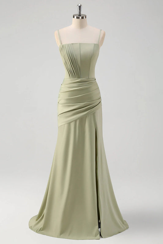 OKBBN mermaid slim shoulder strap pleated tight corset long slit evening gown