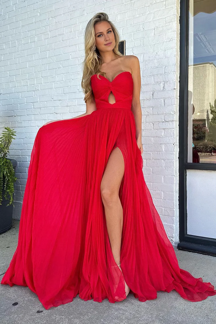 OKBBN A-line sweetheart pleated chiffon slit long ball dress
