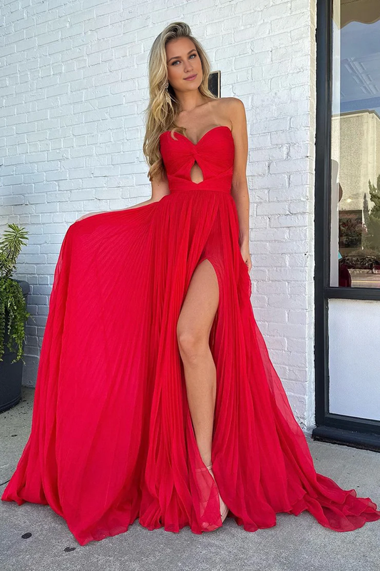 OKBBN A-line sweetheart pleated chiffon slit long ball dress