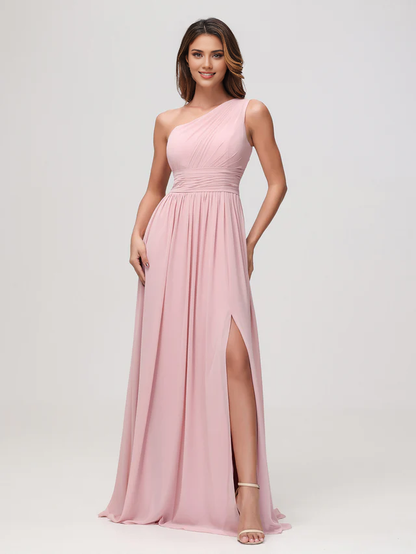 OKBBN One Shoulder Sleeveless Chiffon A-line Bridesmaid Dress