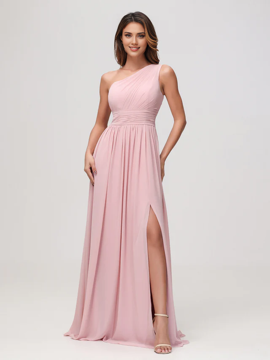 OKBBN One Shoulder Sleeveless Chiffon A-line Bridesmaid Dress