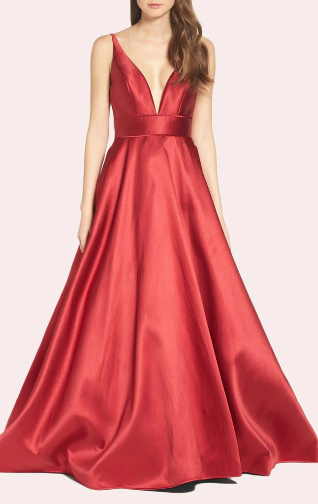 OKBBN V-neck satin formal ball dress with suspender straps