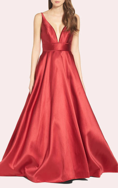 OKBBN V-neck satin formal ball dress with suspender straps