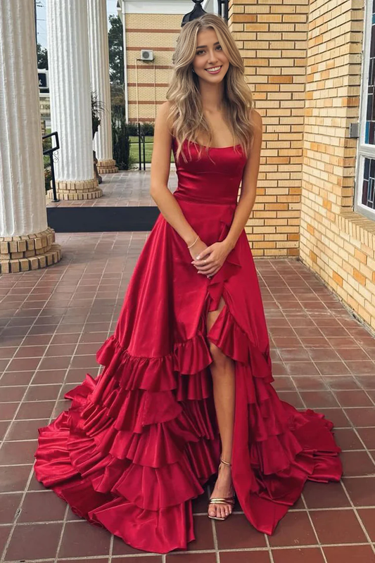 OKBBN Charming A-line Round Neck Satin Split Ball Dress