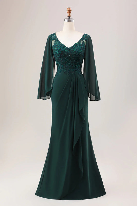 OKBBN Sparkling Mermaid Chiffon Long Sleeve Bridal Mother Dress