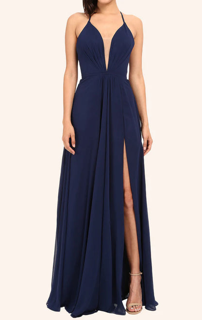 OKBBN V-neck long formal ball dress with slit and thin shoulder strap