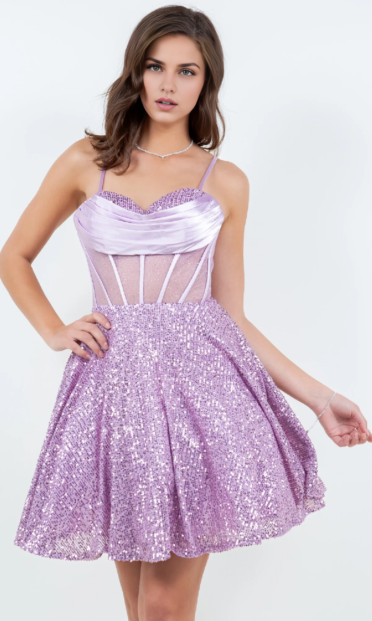 OKBBN short sequin A-line sparkling and eye-catching slim fit see through tight corset style back to school dress