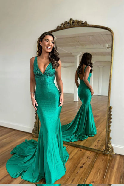 OKBBN Long Mermaid V-neck Bareback Satin Formal Ball Dress