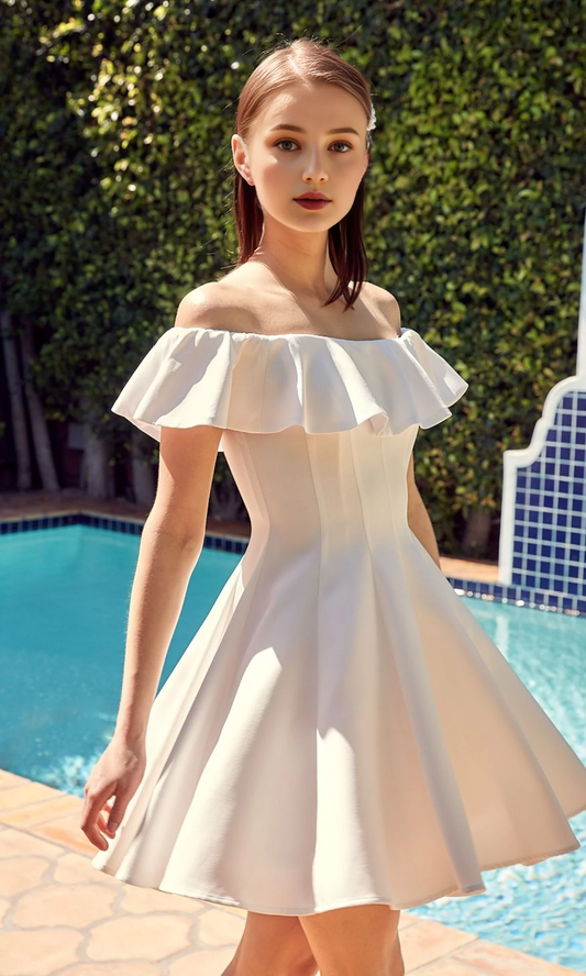 OKBBN Elegant Off Shoulder Short Ruffle Close Fit Waist Sweet yet Elegant Back to School Dress