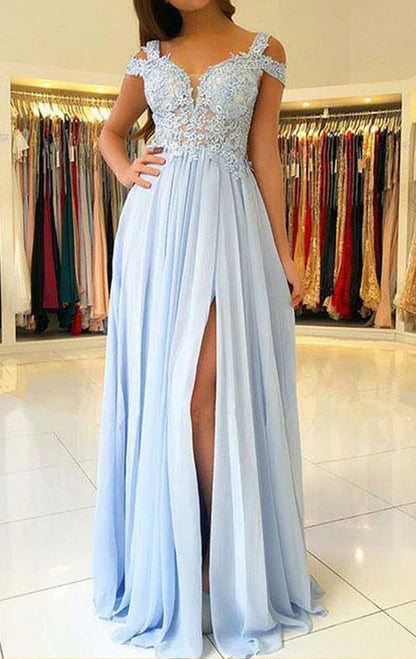 OKBBN Off Shoulder Lace Chiffon Long Formal Ball Dress