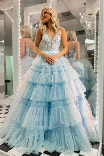 OKBBN beautiful A-line V-neck ruffled layered chiffon long dance dress