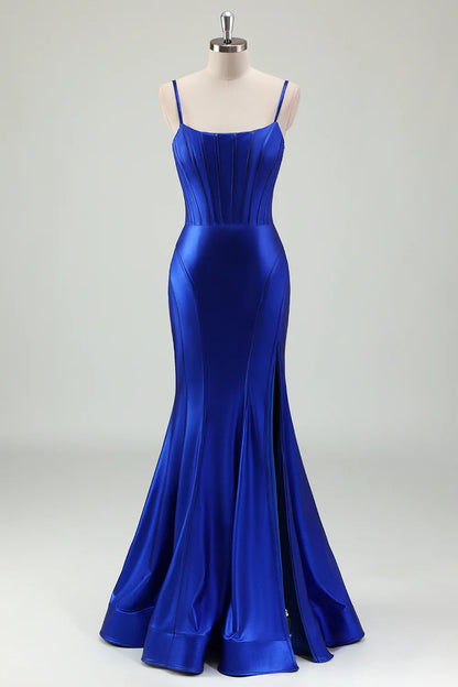 OKBBN mermaid slim shoulder strap backless tight corset long slit evening gown