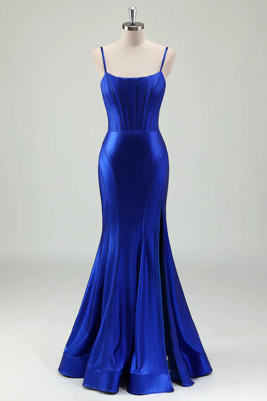 OKBBN mermaid slim shoulder strap backless tight corset long slit evening gown