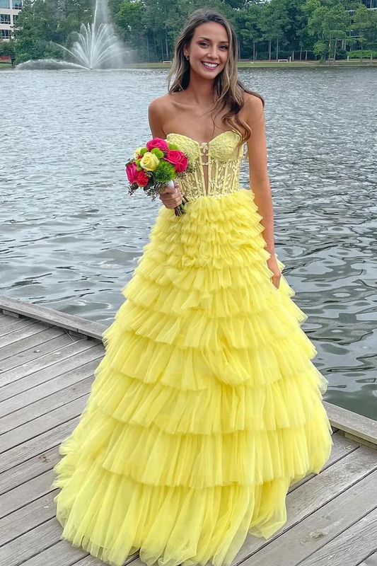 OKBBN charming A-line off shoulder ruffle edge layered chiffon long ball dress
